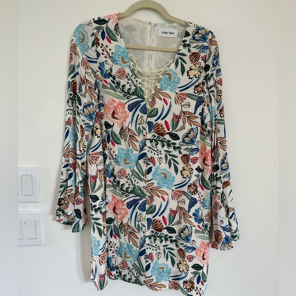 Line & Dot Floral Long Sleeve Tie Neck Mini Dress XS
